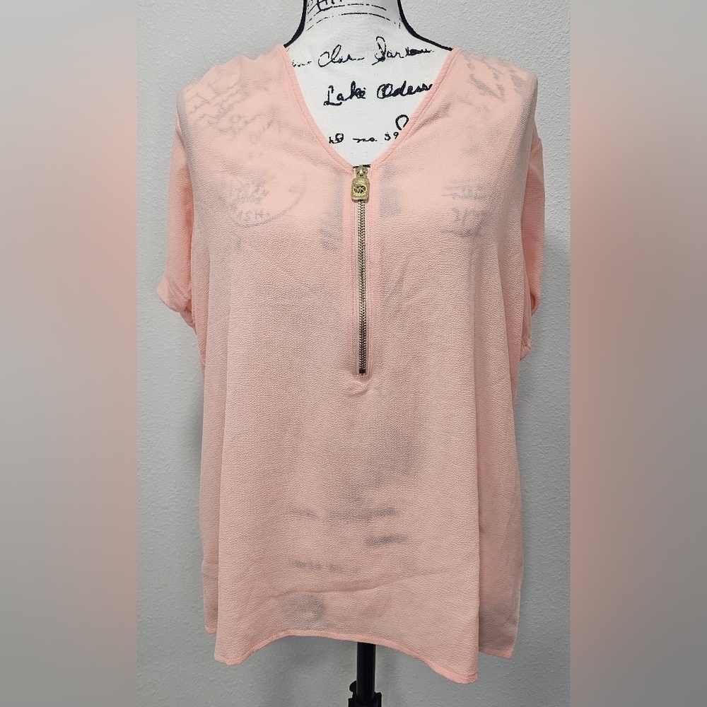 Michael Kors Women’s Sheer Solid Peach Short Sleeve Half Zip Blouse Size L